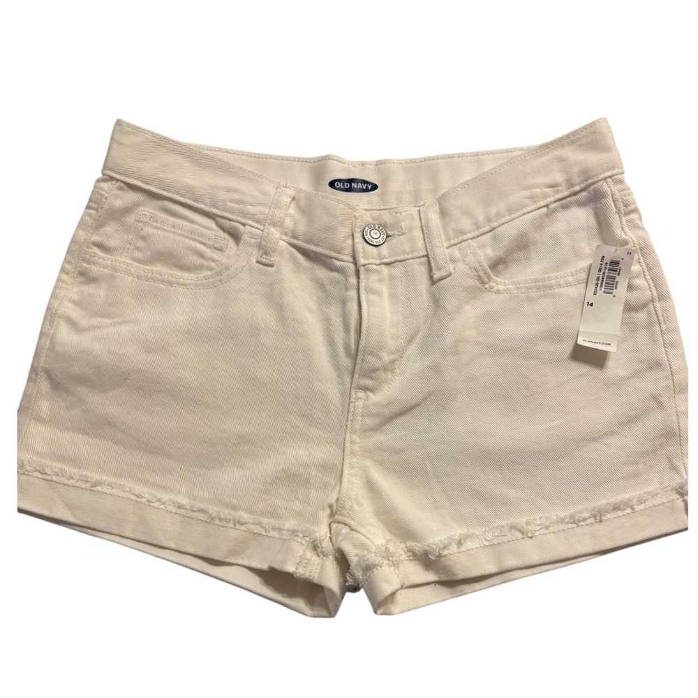 Old Navy White Denim Shorts Frayed Hem High Waisted Size 14 Summer Beach NWT
